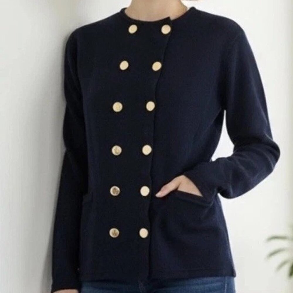 Vtg Adrienne Vittadini Navy Double Breasted Wool Cardigan Jacket Medium Neutral